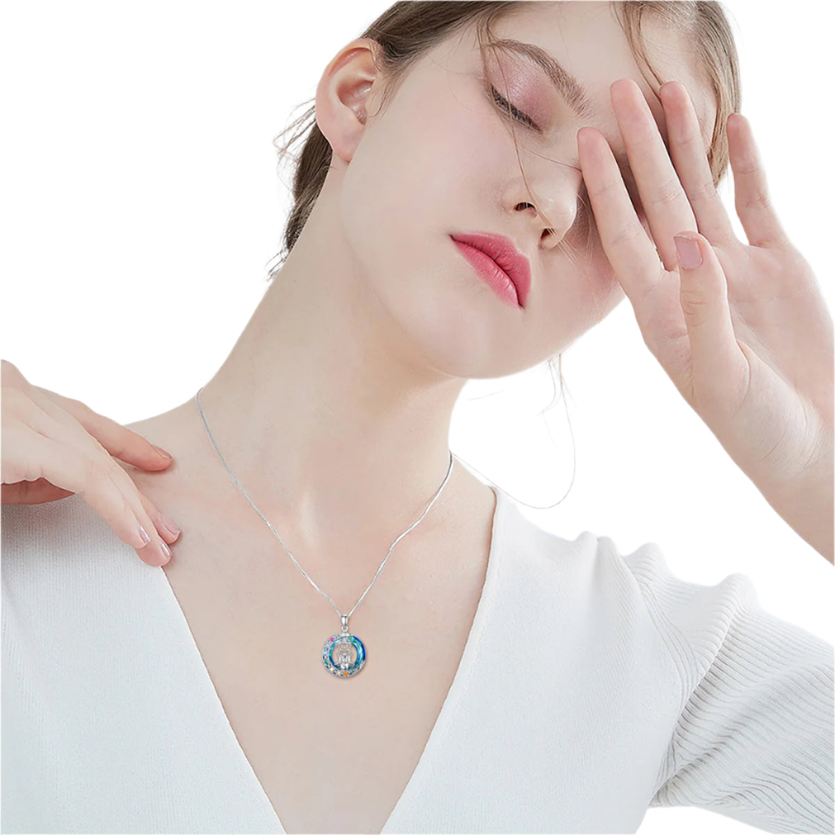 925 Sterling Silver Triple Moon Goddess Australian Crystal and Zircon Chakras Necklace