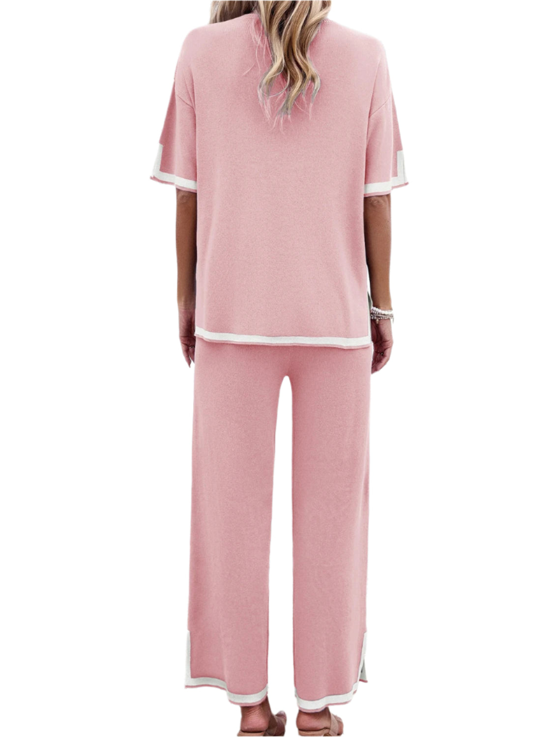 Devine Contrast Trim Round Neck Top and Pants Set
