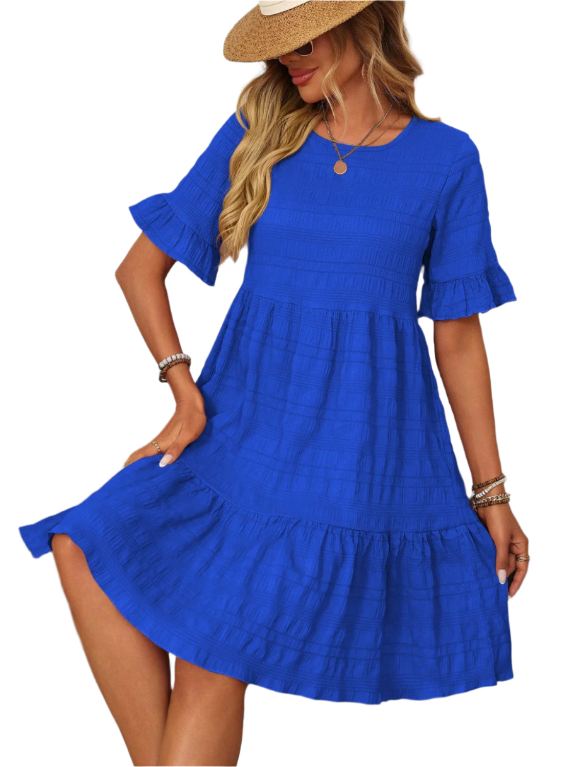 Mandy Ruffled Ruched Round Neck Half Sleeve Dress