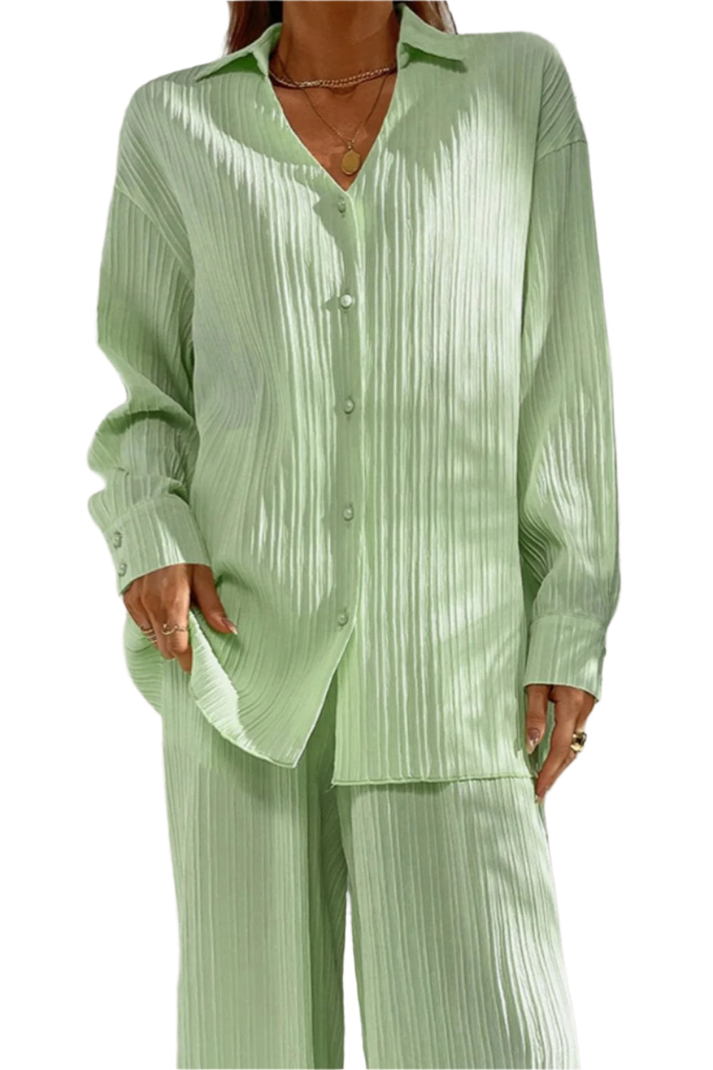 Johnny Collar Button Down Top and Pants Set