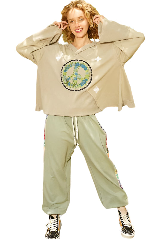 POL Peace Embroidered Exposed Seam Back Ruffle V-Neck Top