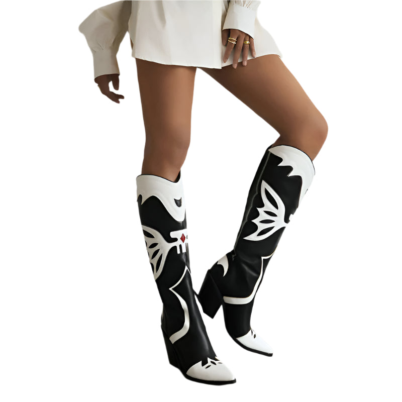 Black and White PU Leather Cowboy Boots