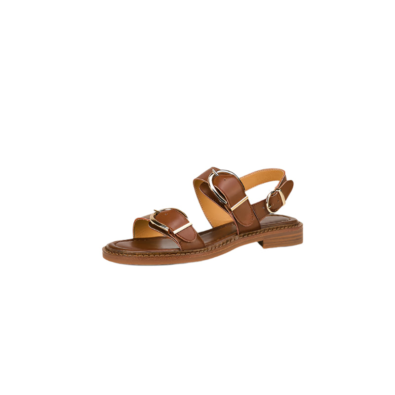 Big Buckle Ankle-Strap Cowhide Leather Sandals