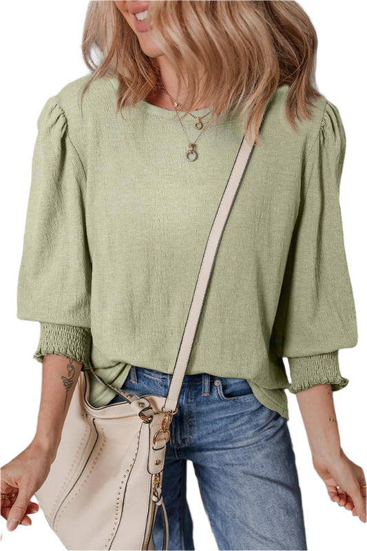 Textured Round Neck Three-Quarter Sleeve Blouse