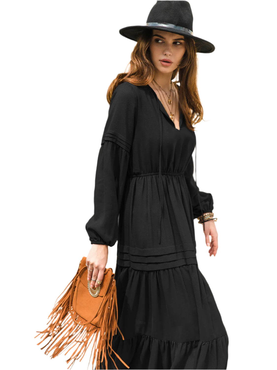 Tie Neck Long Sleeve Midi Tiered Dress