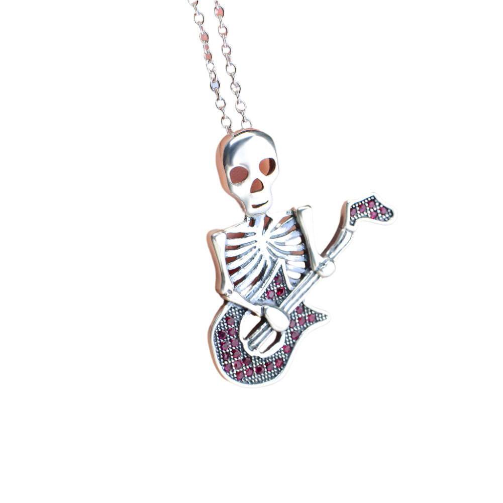 Skeleton Playing Guitar Pendant 925 Sterling Silver Necklace