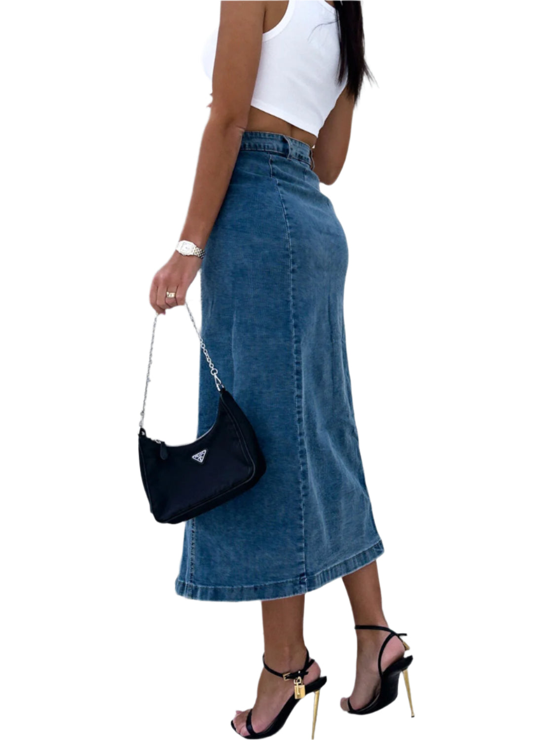 Slit Button Up Midi Denim Skirt