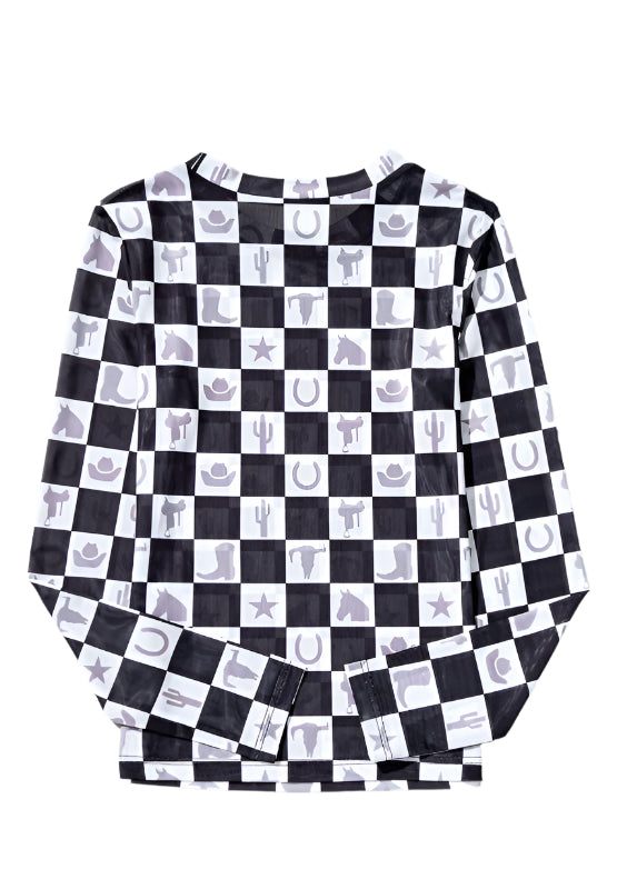 Checkered Mock Neck Long Sleeve Top