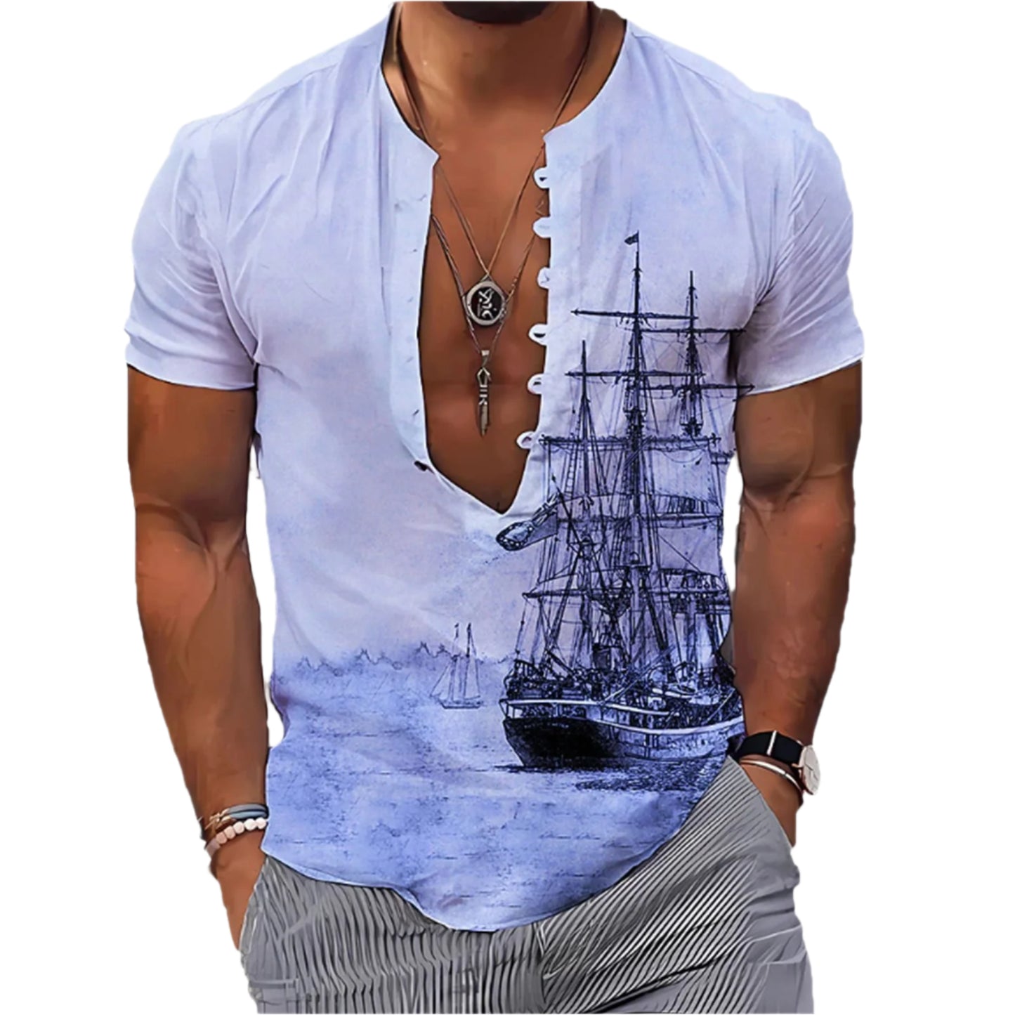 Men's 3D Vintage Print Long Ship Collard Long Sleeve Button Down Shirt