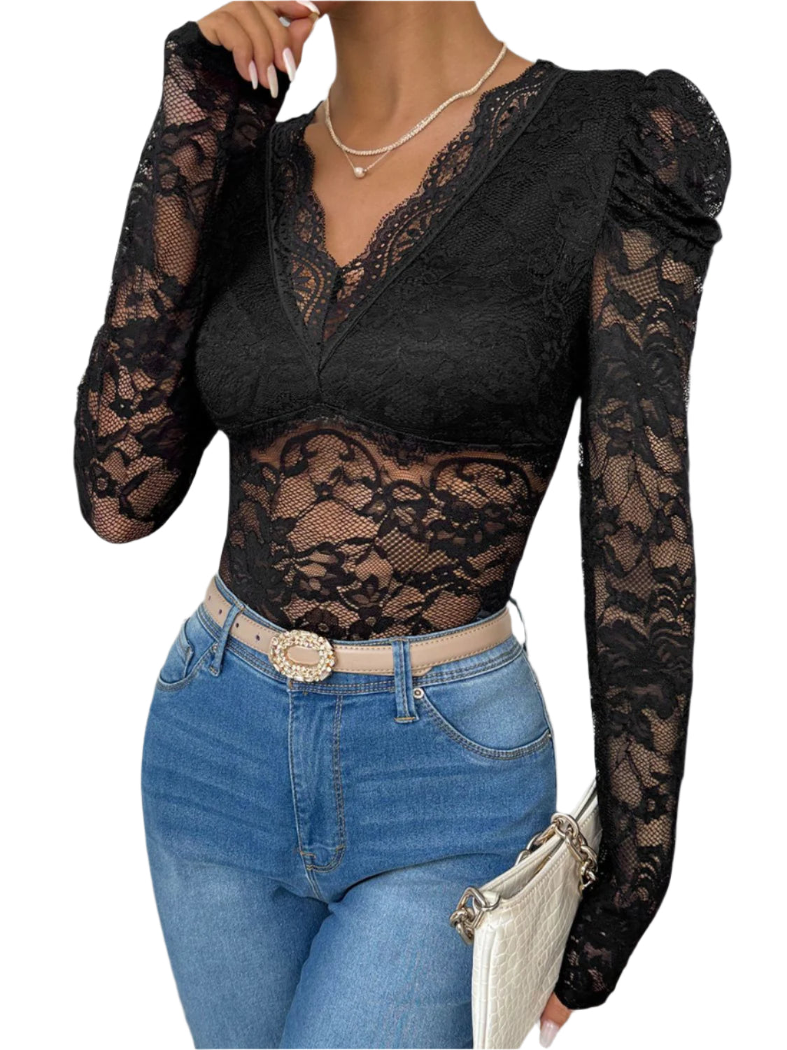 Perfee Lace V-Neck Long Sleeve Bodysuit