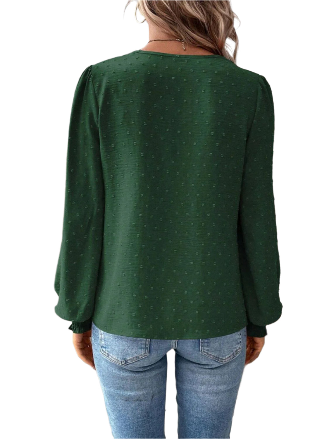 Swiss Dot Lace Detail Notched Long Sleeve Blouse