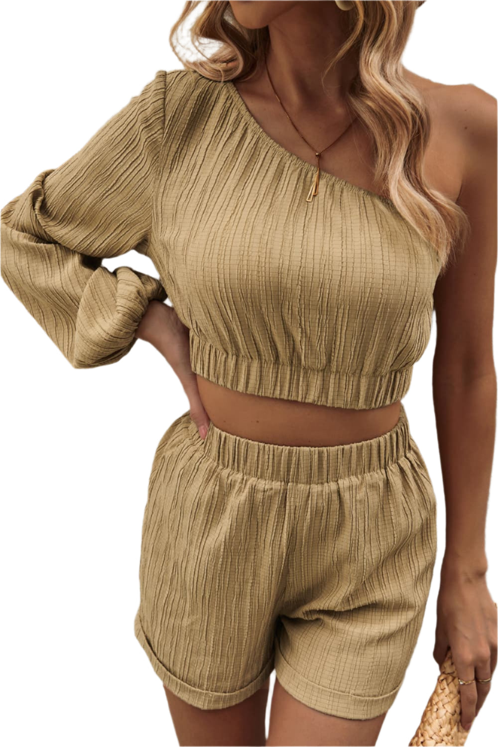 Honey One-Shoulder Balloon Sleeve Crop Top and Shorts Set