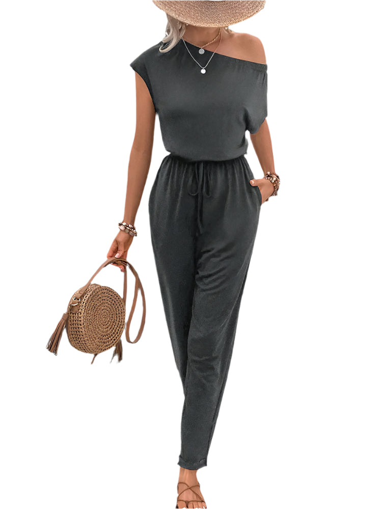 Perfee Single Shoulder Short Sleeve Jumpsuit