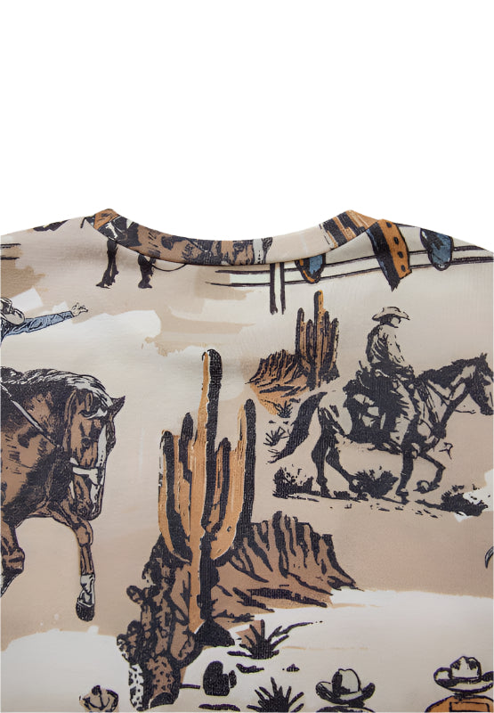 Cowboy Print Round Neck Short Sleeve T Shirt