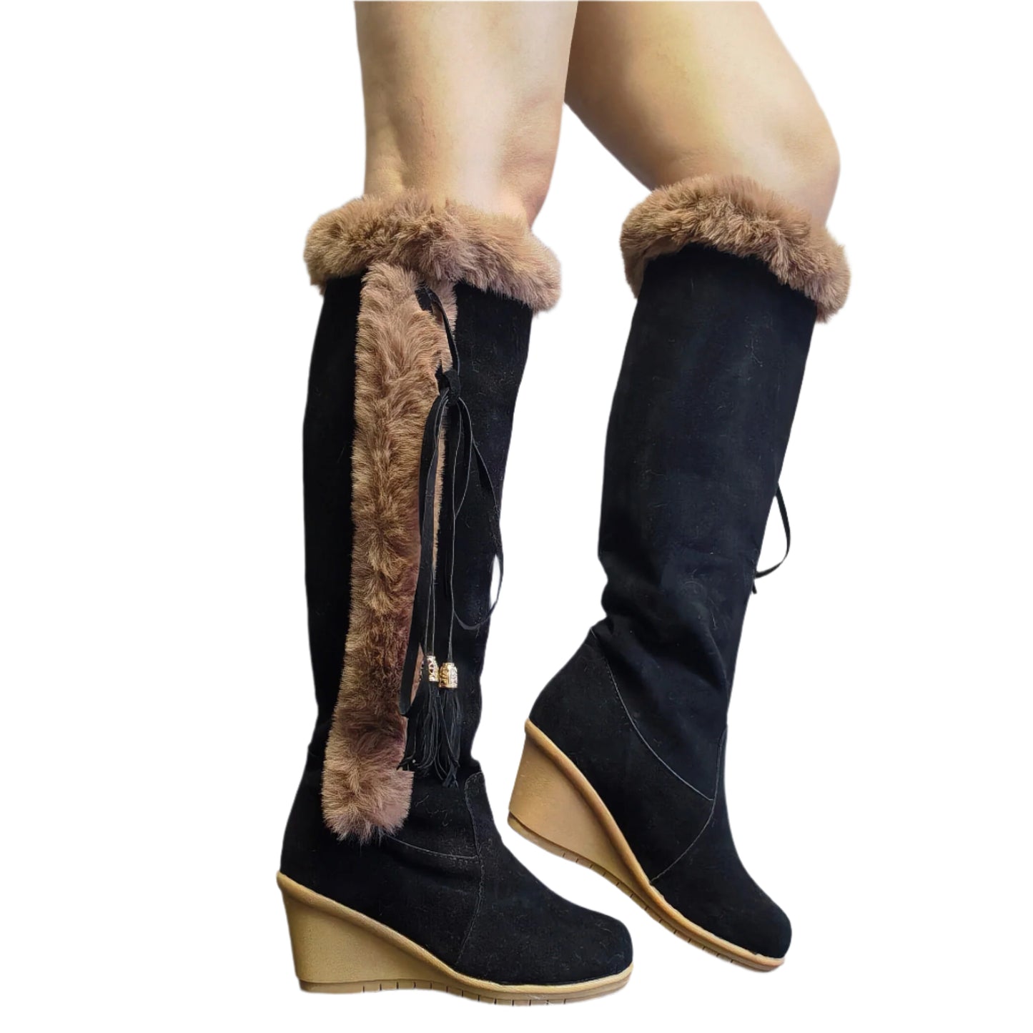 PU Leather Faux Fur Tassel Wedge Boots