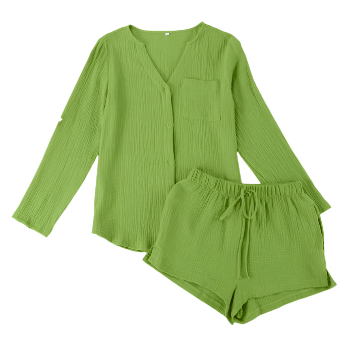 Notched Long Sleeve Top and Shorts Set