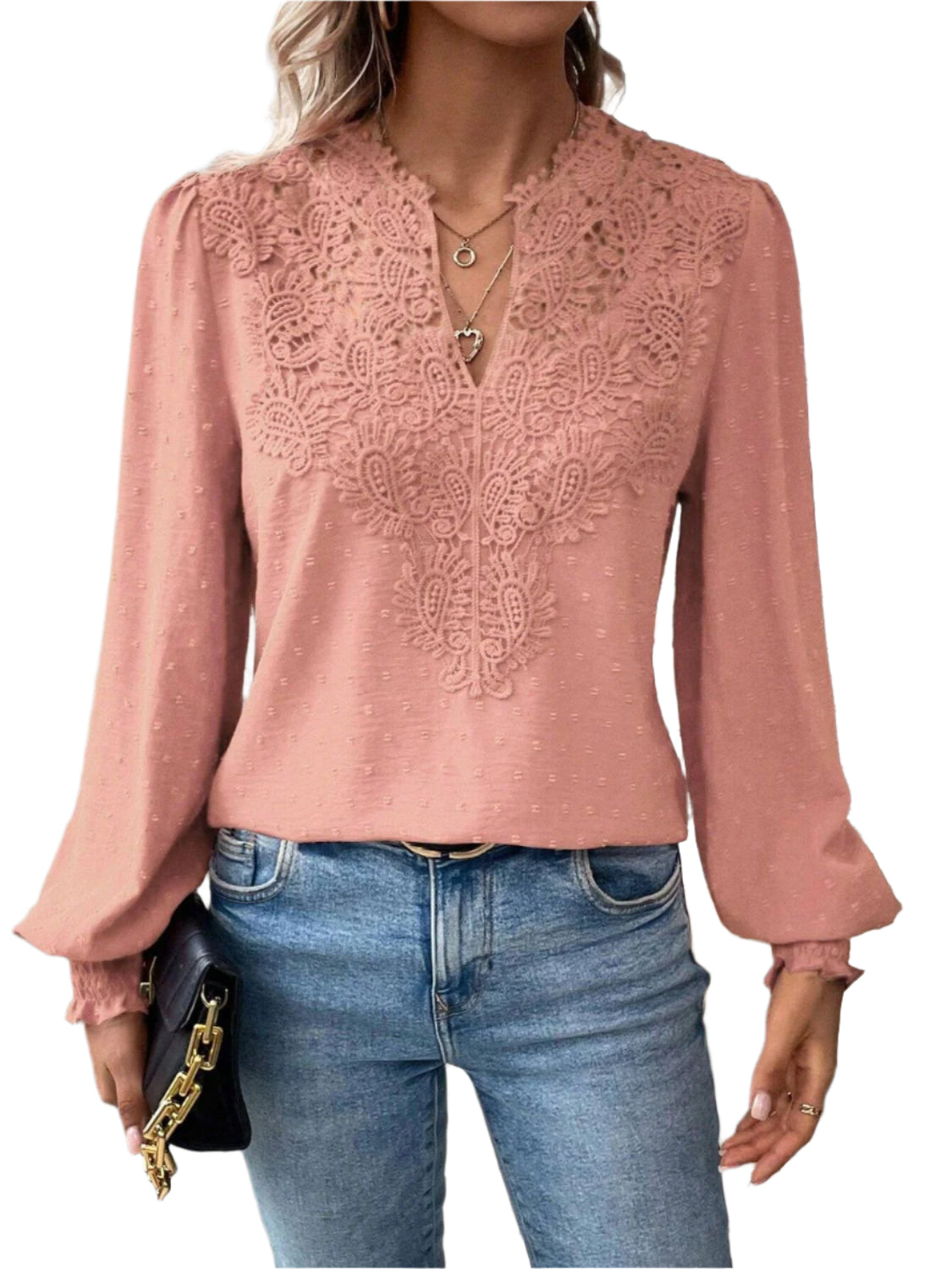 Swiss Dot Lace Detail Notched Long Sleeve Blouse