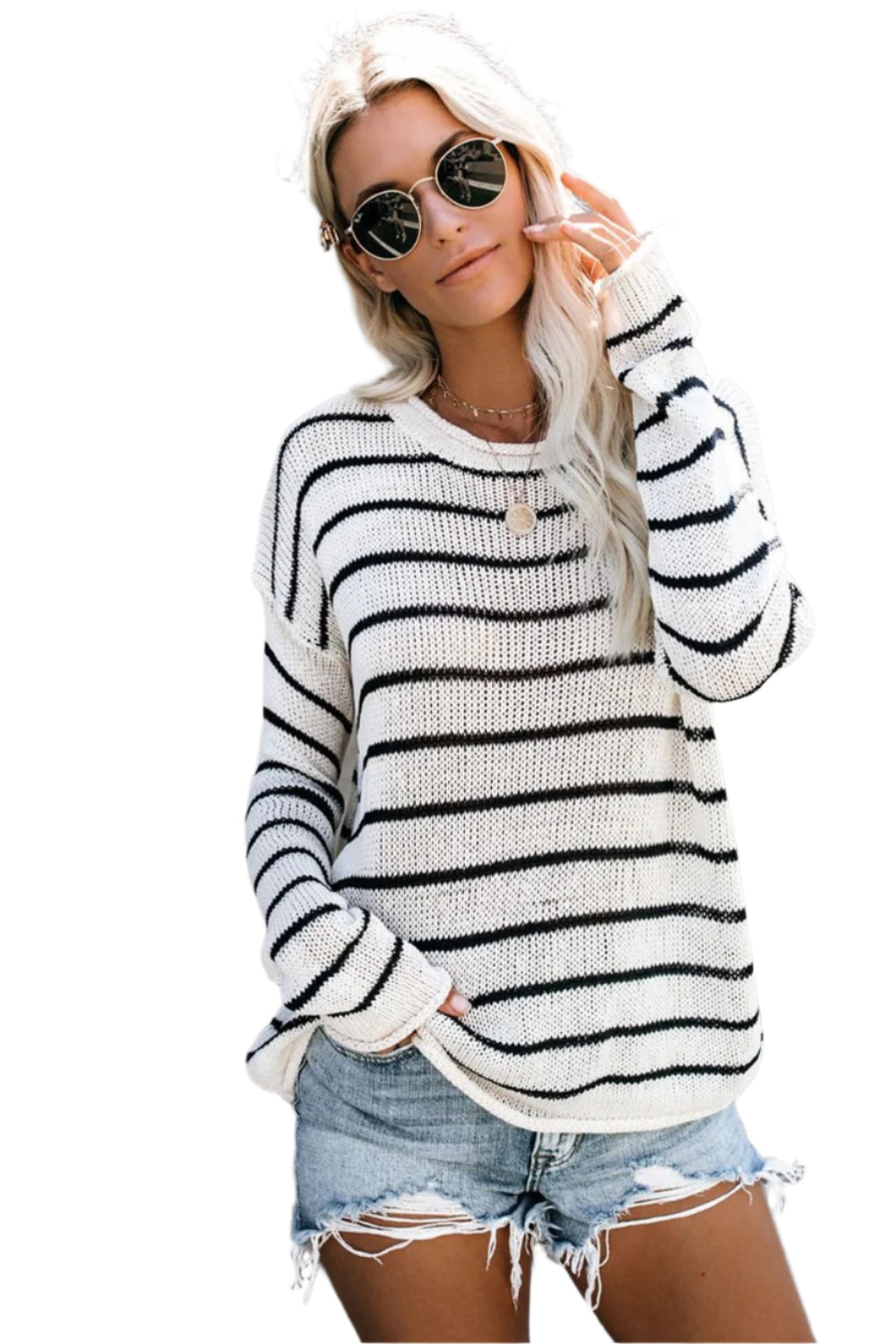 Striped Round Neck Drop Shoulder Sweater