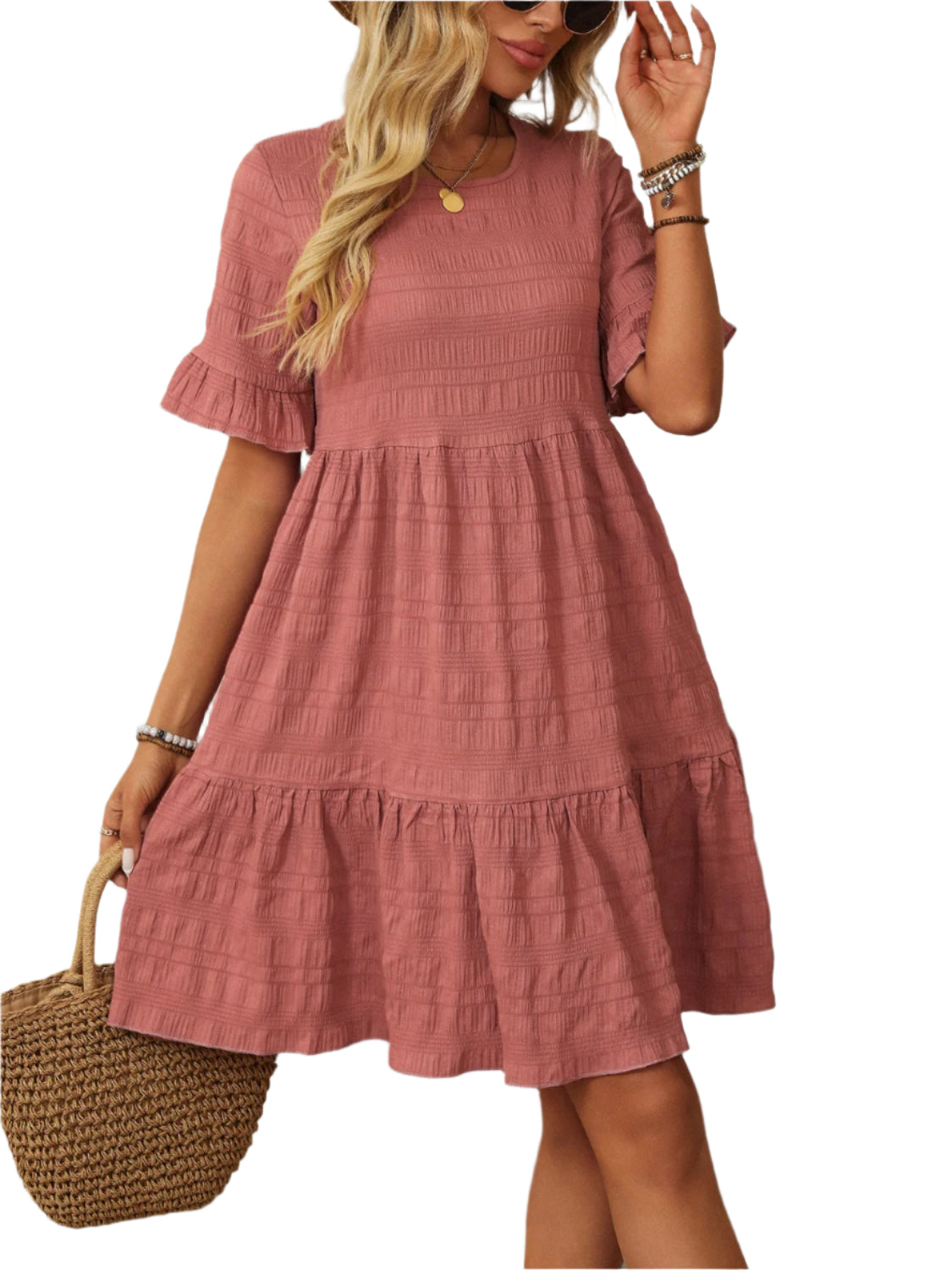 Mandy Ruffled Ruched Round Neck Half Sleeve Dress