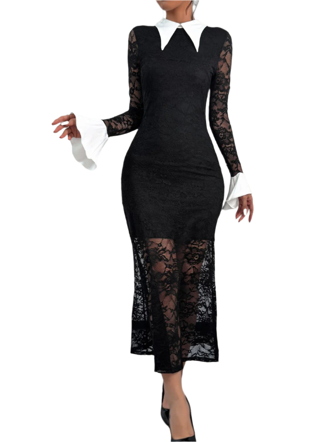 Perfee Lace Contrast Collared Neck Long Sleeve Midi Dress