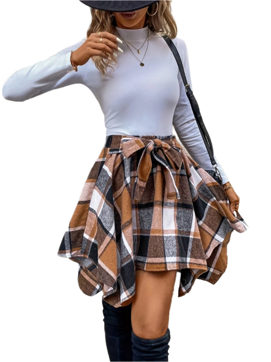 Tied Plaid Asymmetrical Hem Skirt