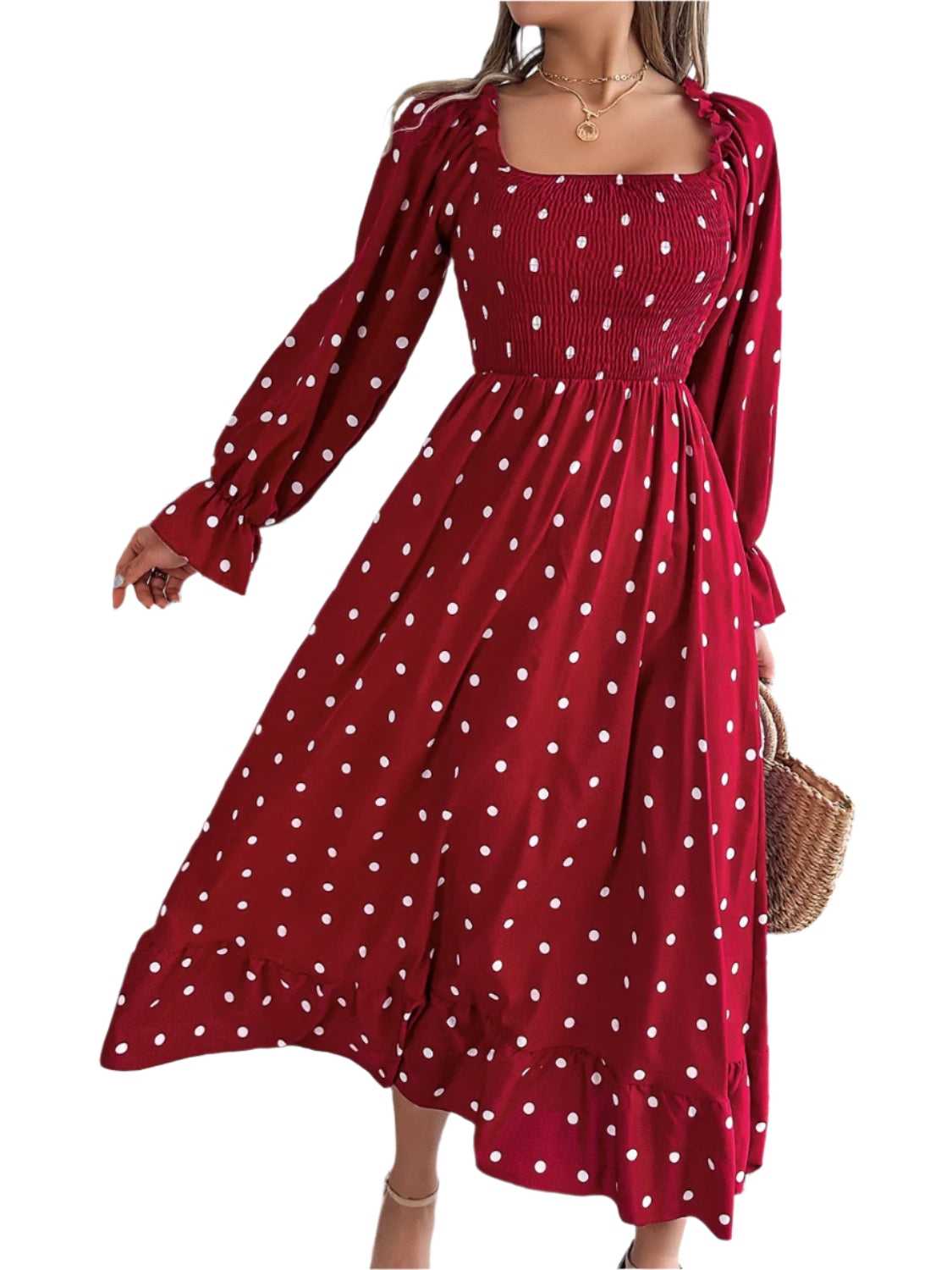 Polka Dot Flounce Sleeve Midi Dress