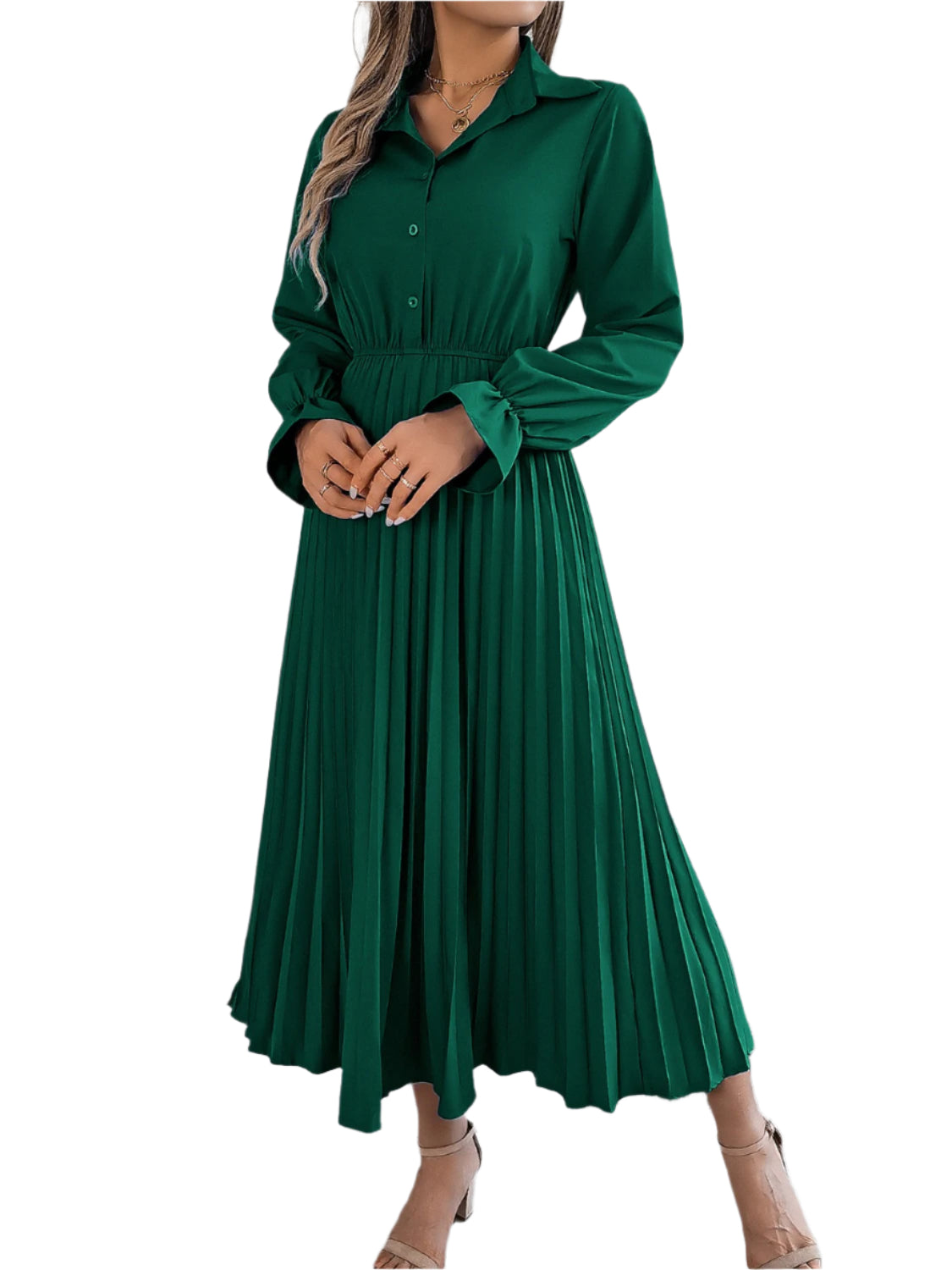 Pleated Half Button Long Sleeve Midi Dress