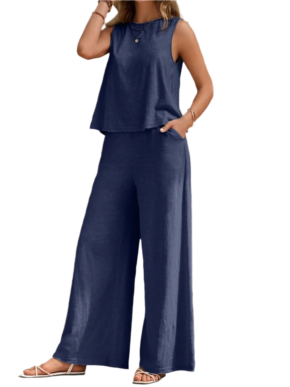 Round Neck Sleeveless Top and Wide Leg Pants Set
