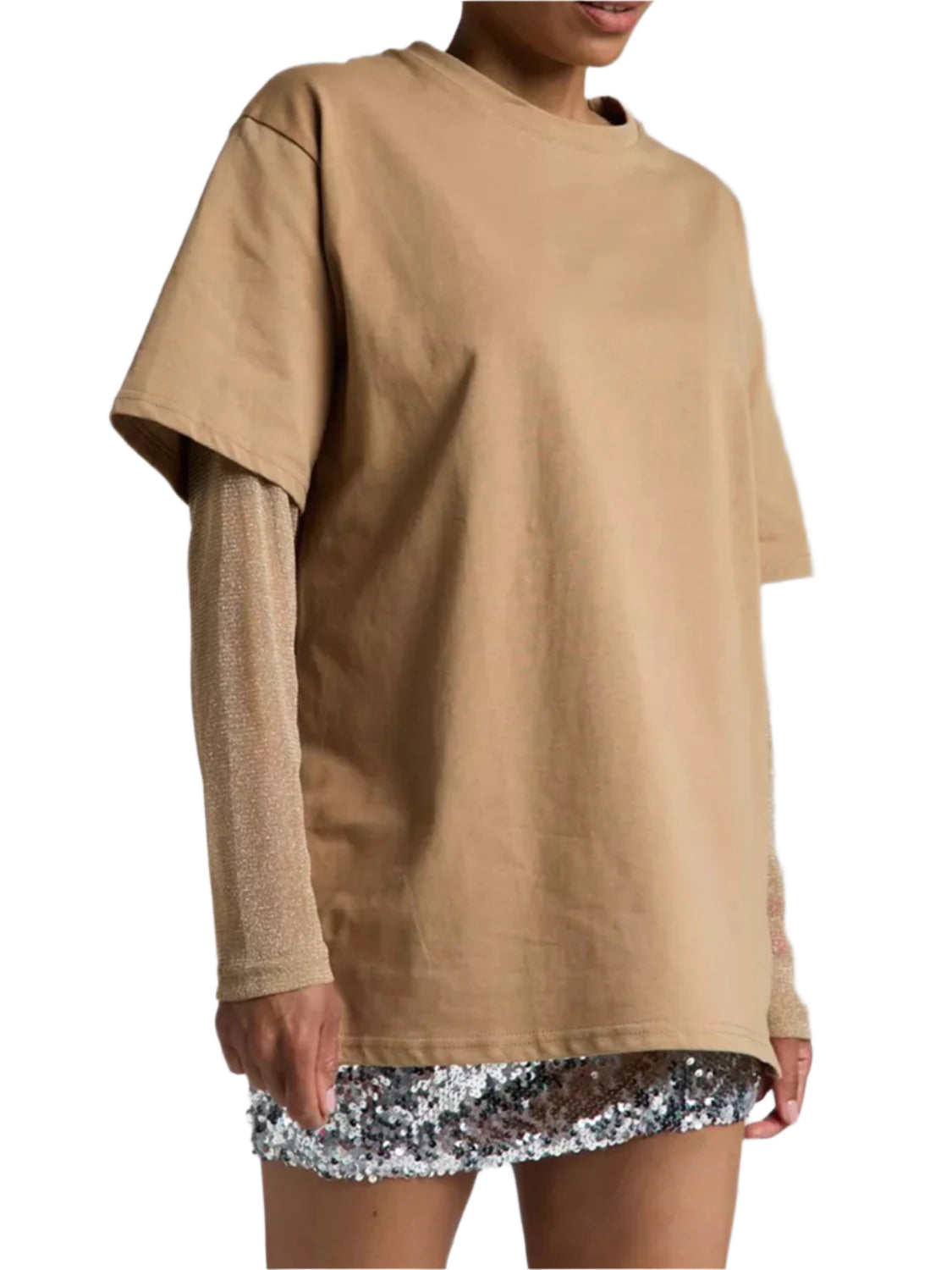 Faux Layered Round Neck Mesh Sleeve Top