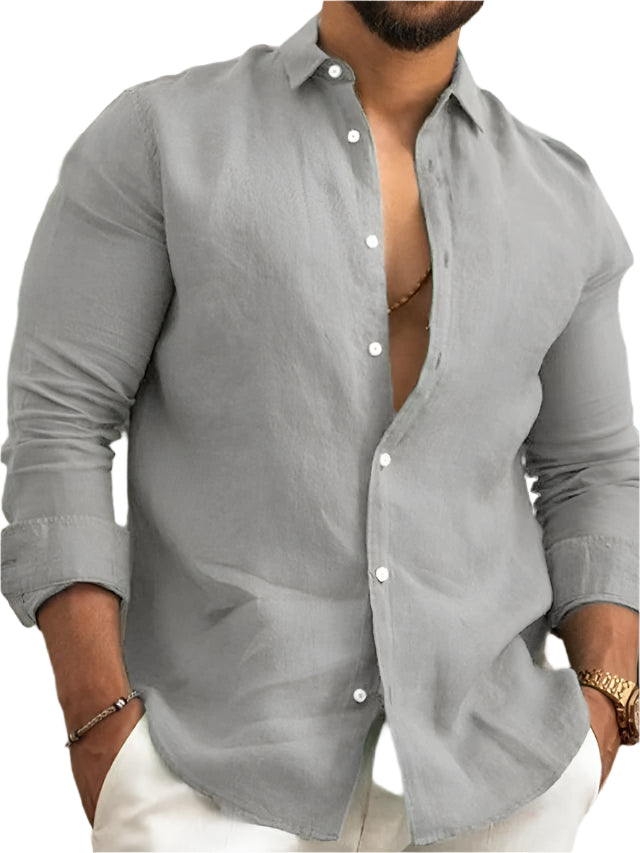 Solid Color Linen Men's Button Down Collard Shirt