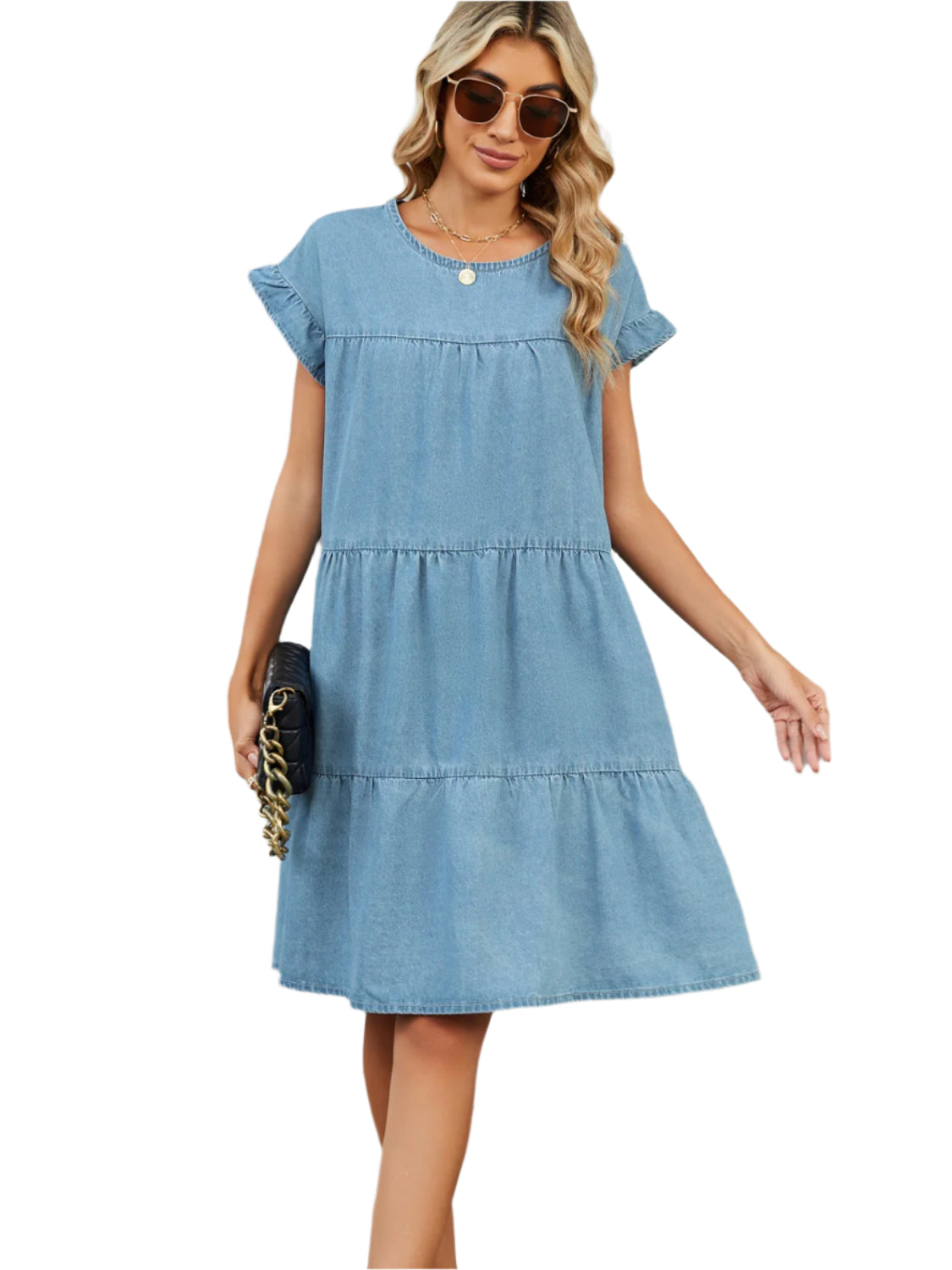 Tiered Round Neck Short Sleeve Denim Dress