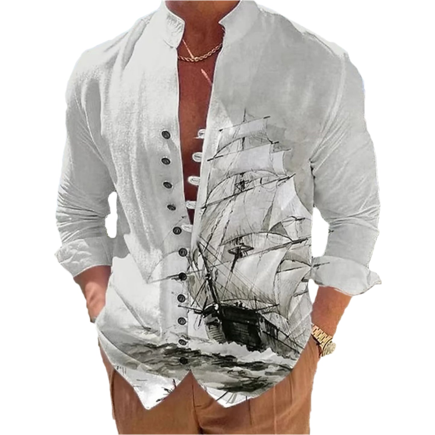Men's 3D Vintage Print Long Ship Collard Long Sleeve Button Down Shirt