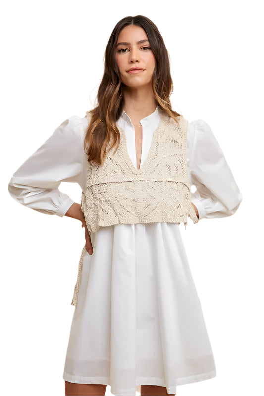 Annie Wear Crochet Vest Notched Long Sleeve Shirt Dress