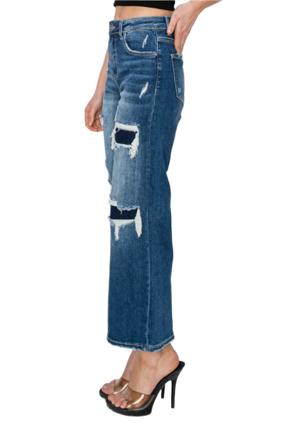 Risen Full Size High Rise Patch Detailed Wide Leg Crop Jeans