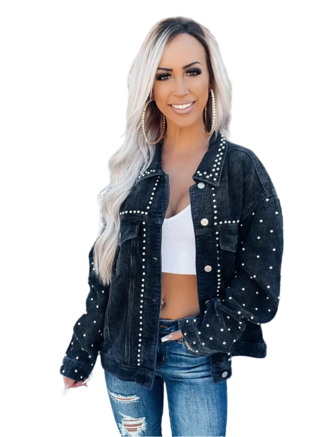 Studded Collared Neck Button Down Jacket