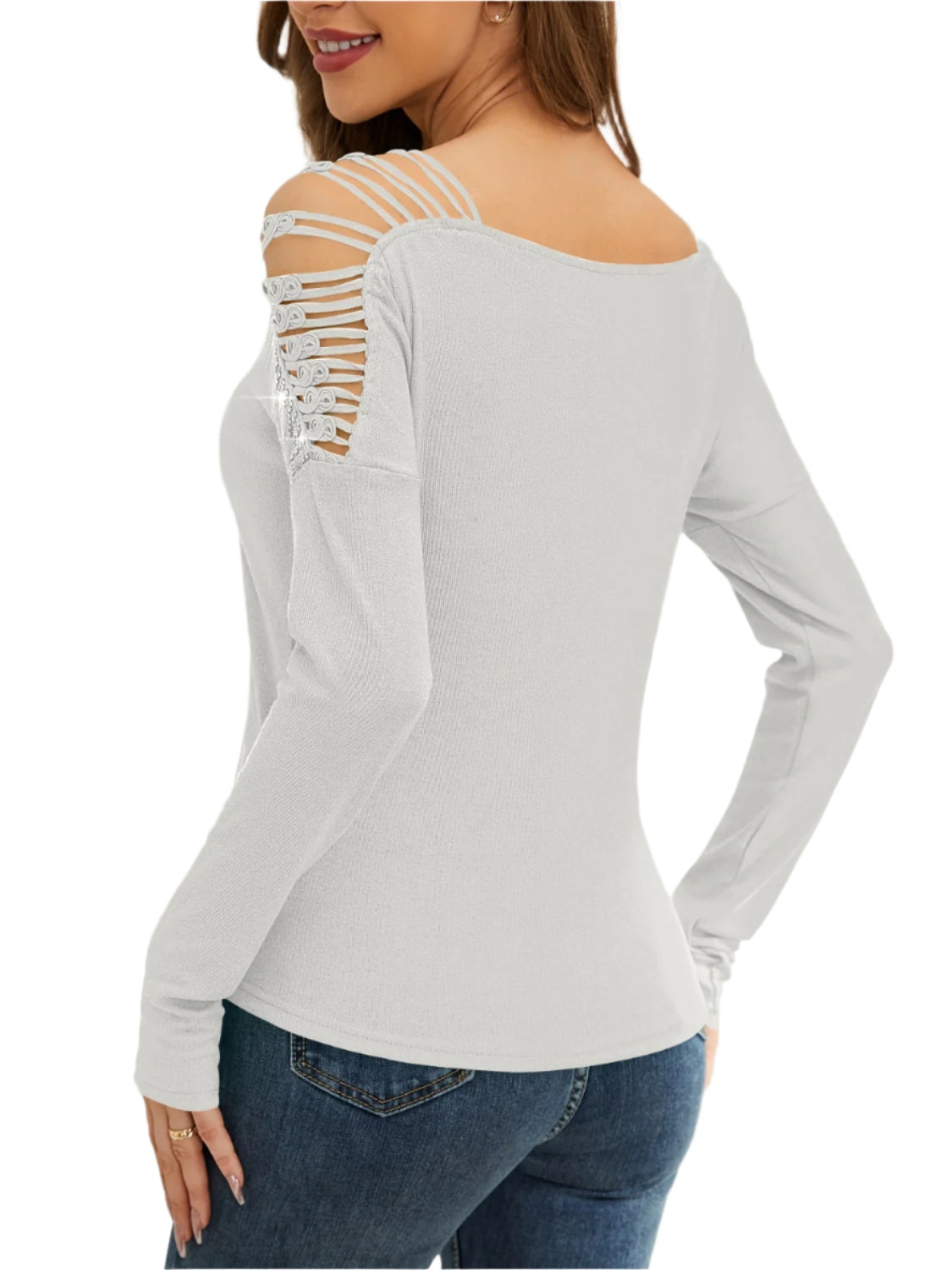 Rhinestone Cutout Long Sleeve T-Shirt