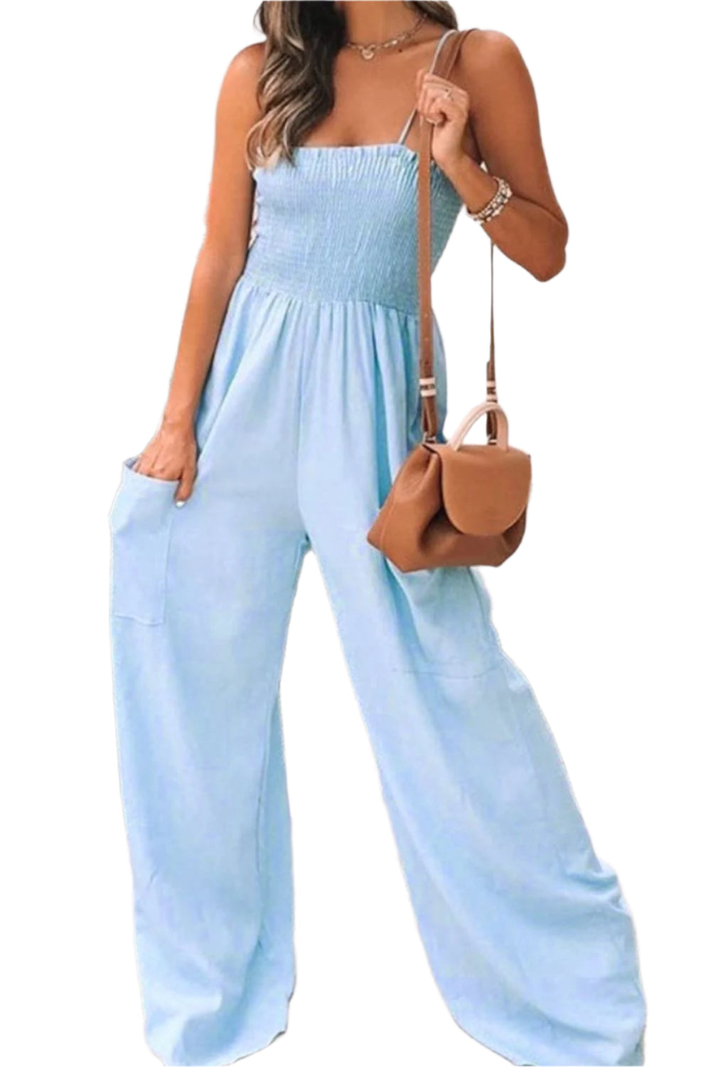 Smocked Spaghetti Strap Wide Leg Jumpsuit