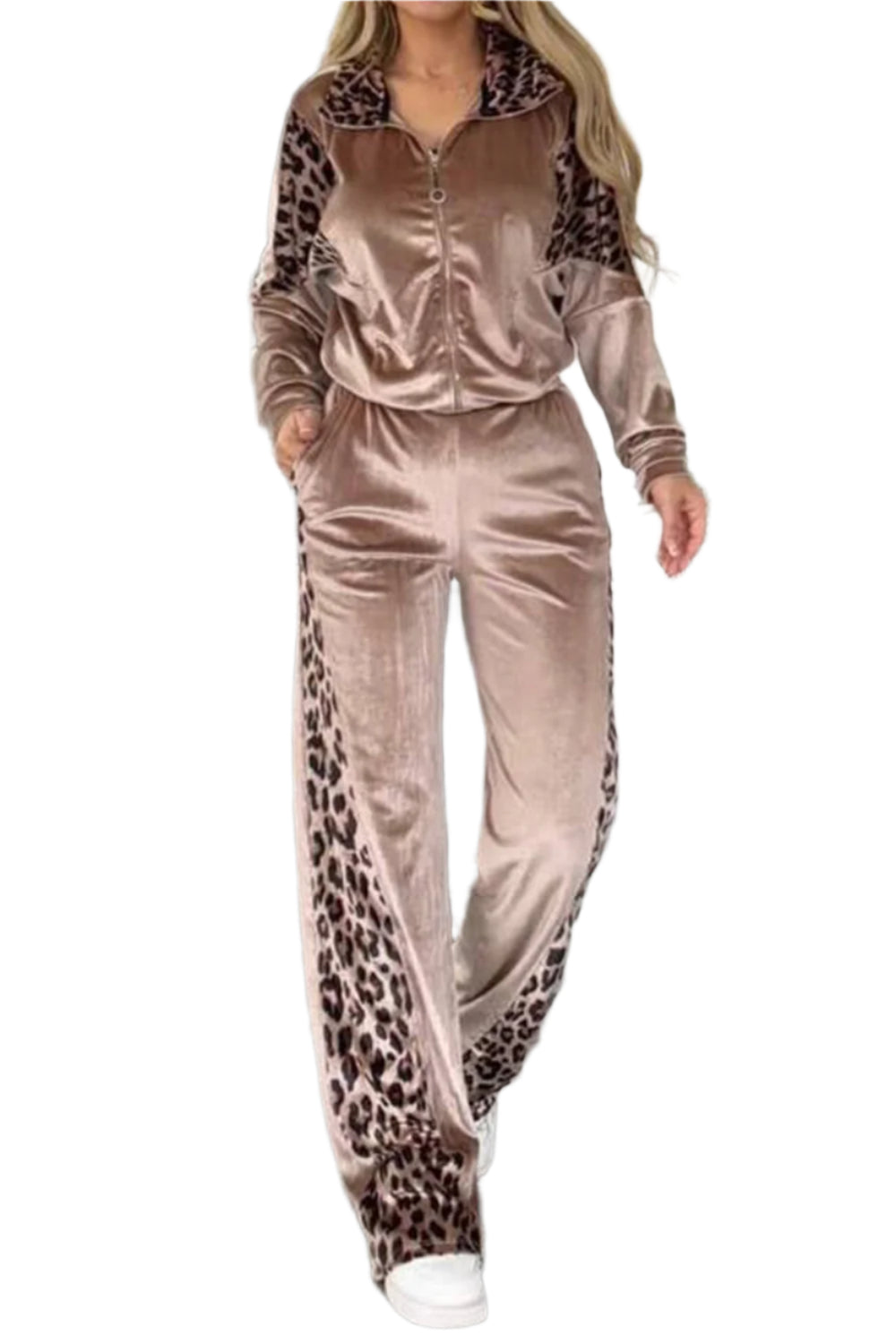 Full Size Collared Neck Leopard Zip Up Top and Pants Set Plus Size