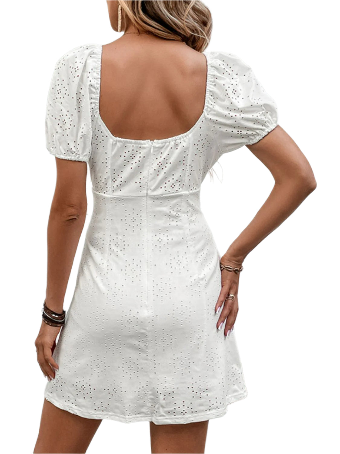 Perfee Bow Detail Eyelet Puff Sleeve Dress