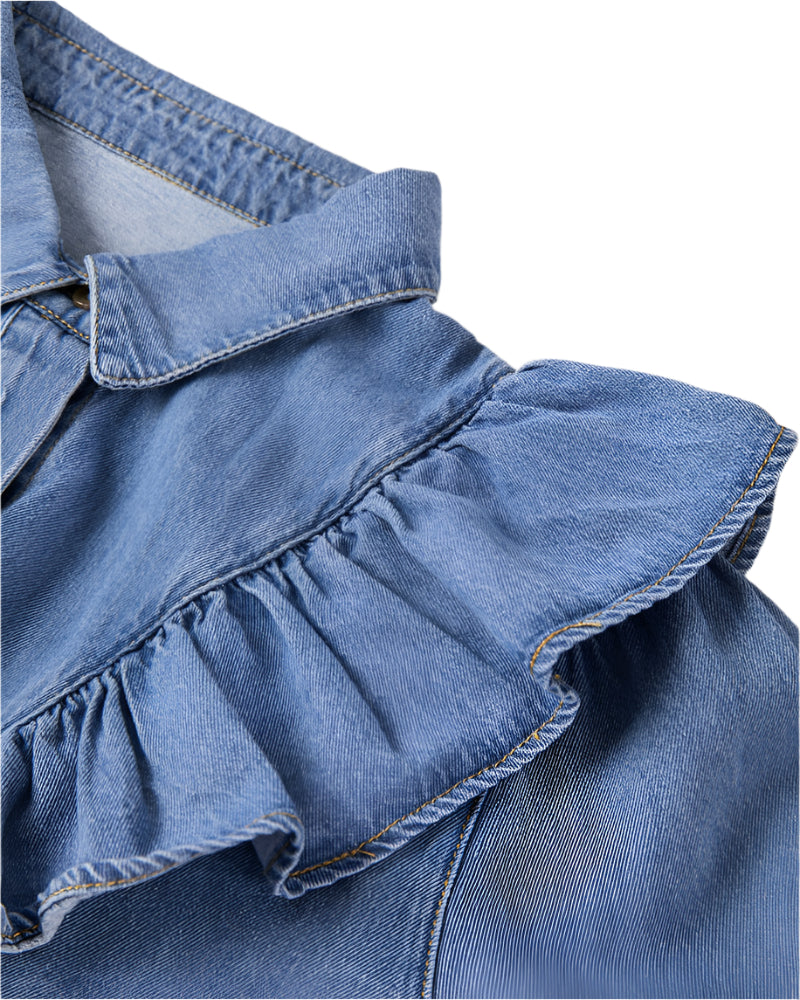 Ruffled Collared Neck Long Sleeve Denim Top