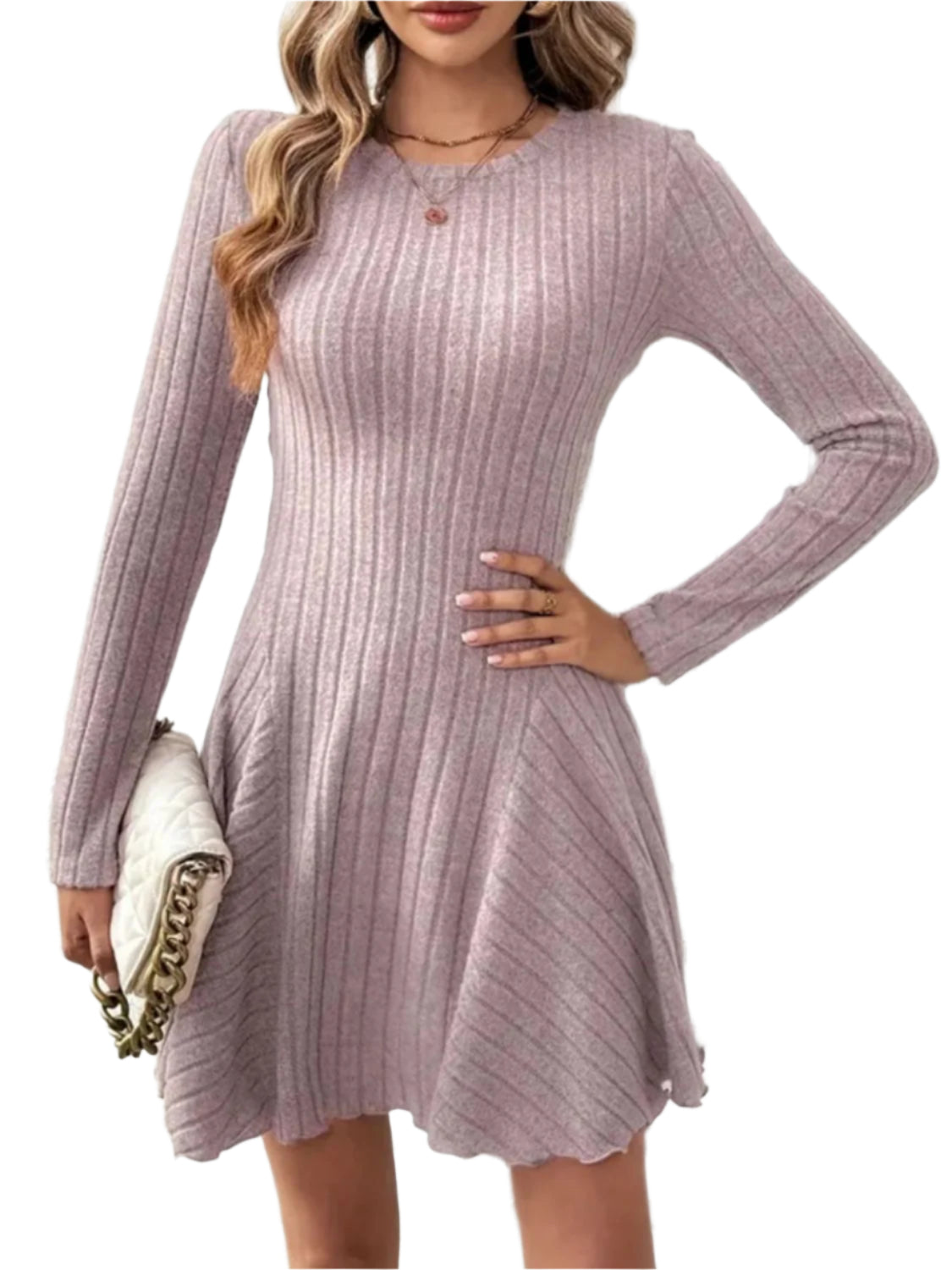 Ribbed Round Neck Long Sleeve Mini Dress