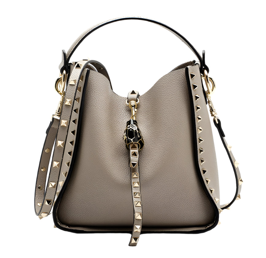 Soft Cowhide Leather Studded Bucket Style Handbag