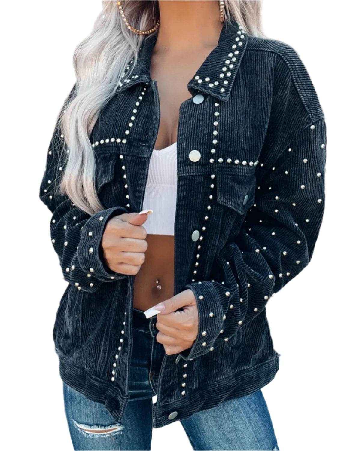 Studded Collared Neck Button Down Jacket