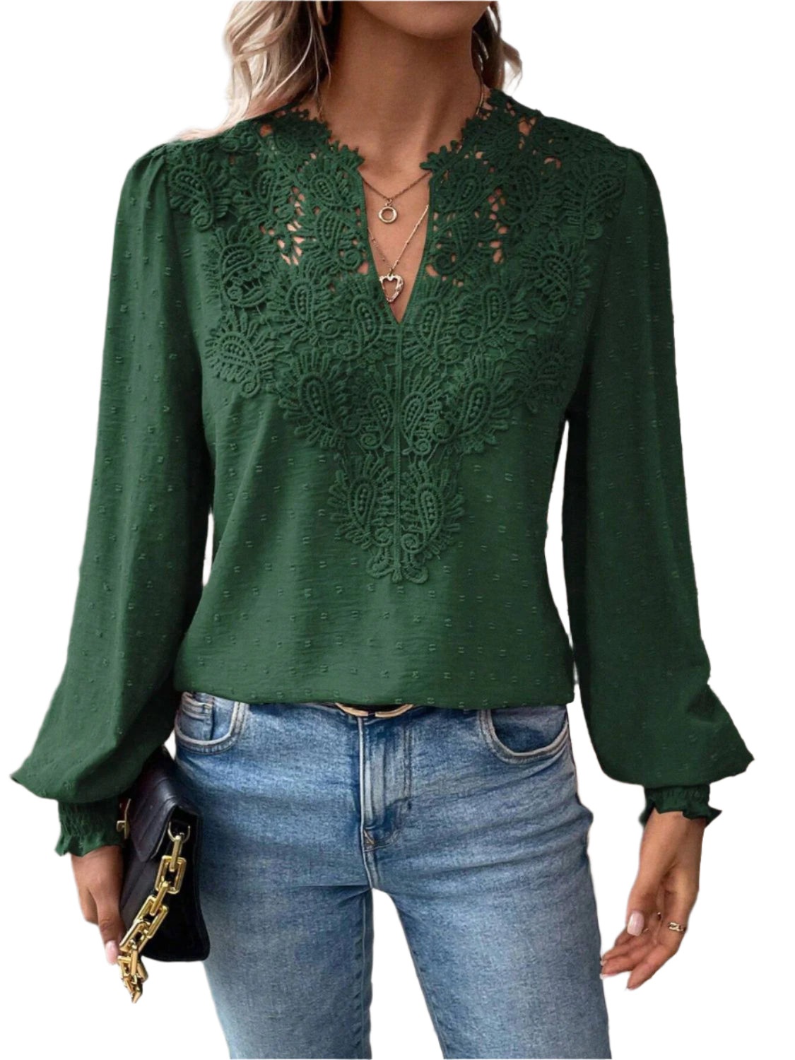 Swiss Dot Lace Detail Notched Long Sleeve Blouse