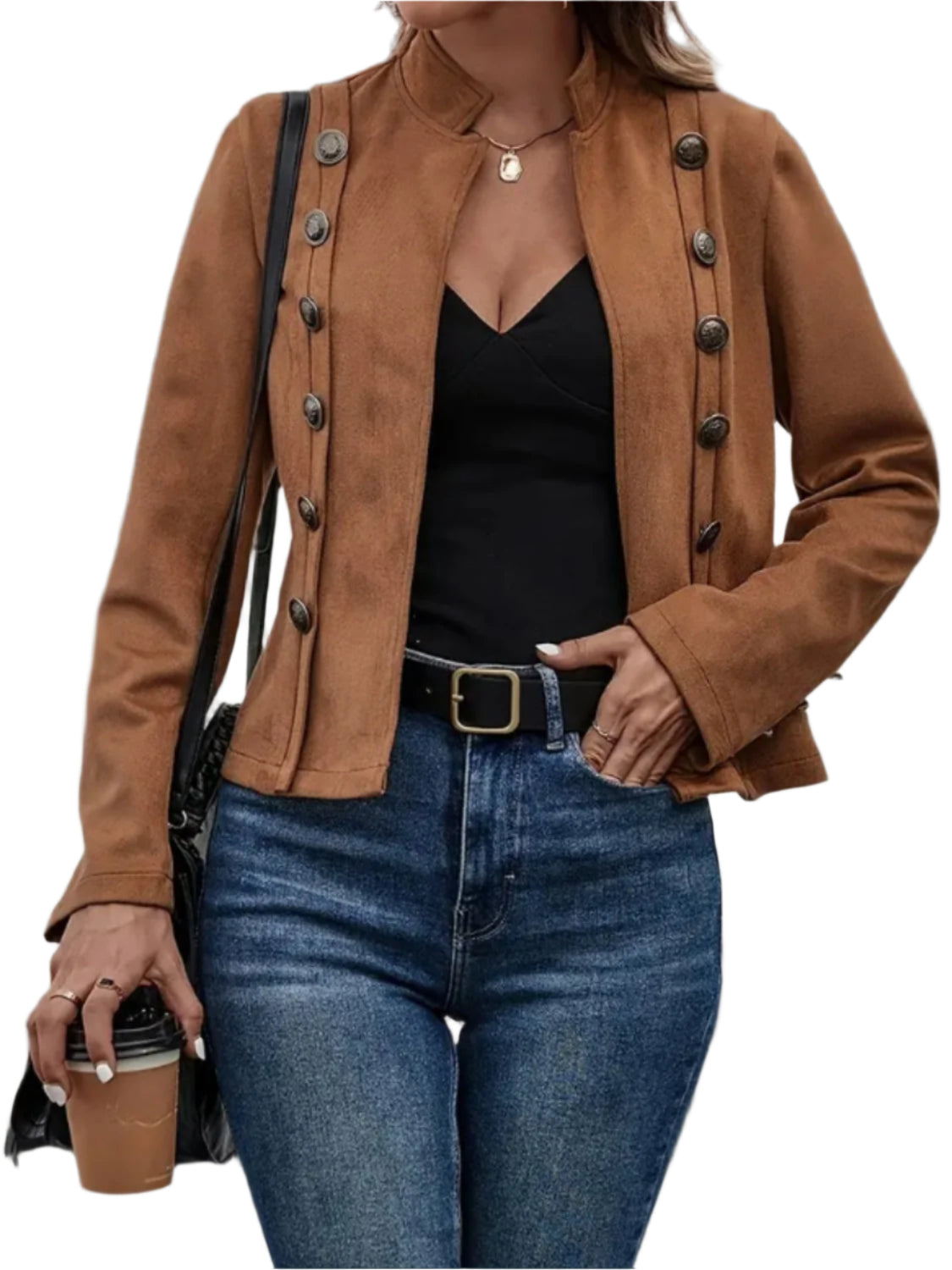 Decorative Button Open Front Long Sleeve Jacket