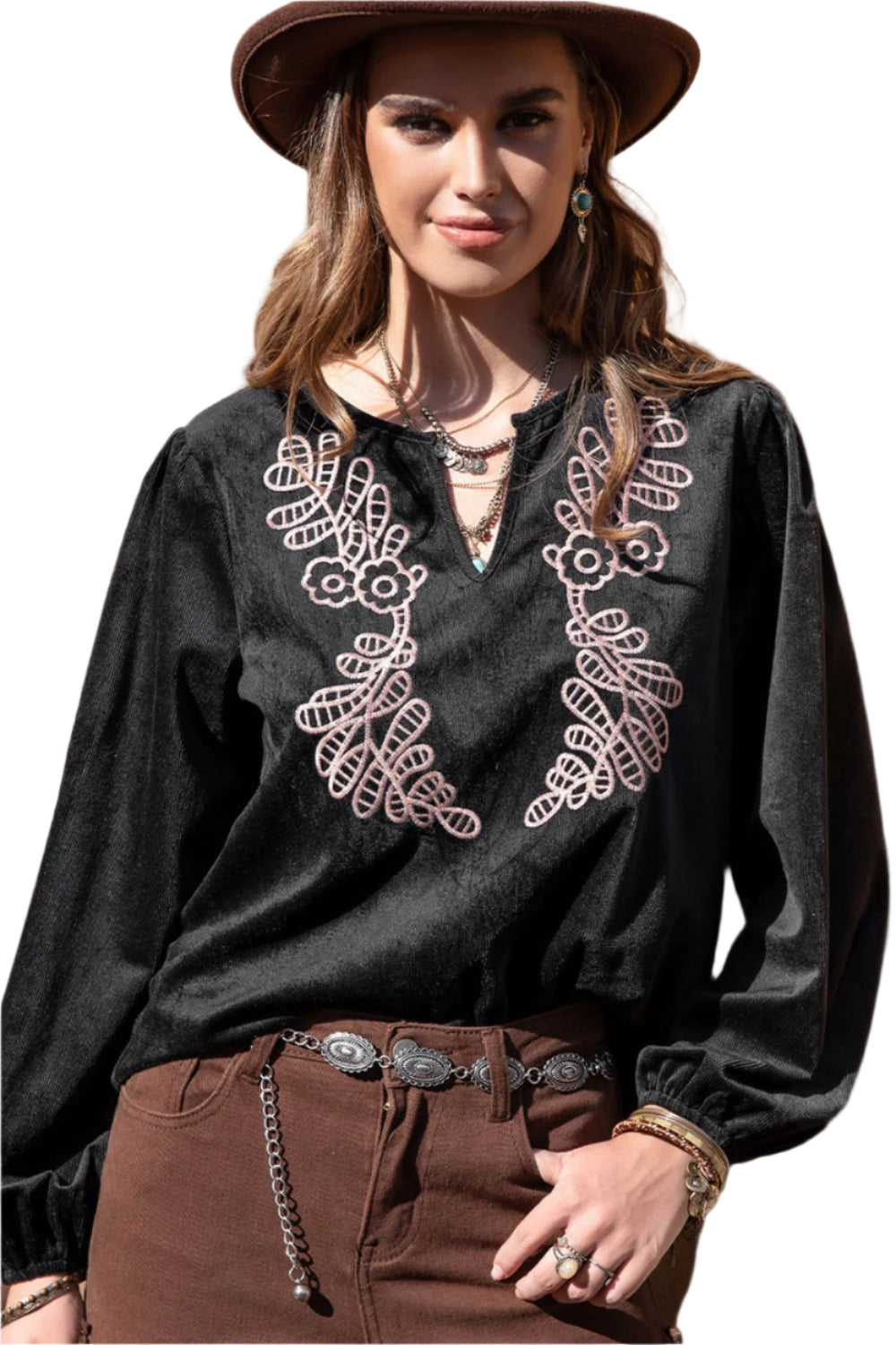 Notched Neck Long Sleeve Blouse