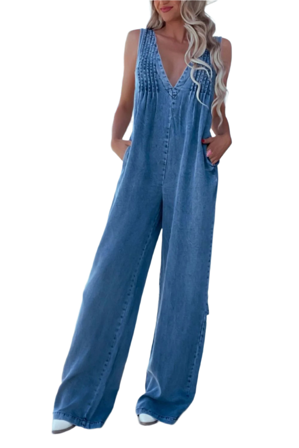 V-Neck Wide Leg Denim Jumpsuit