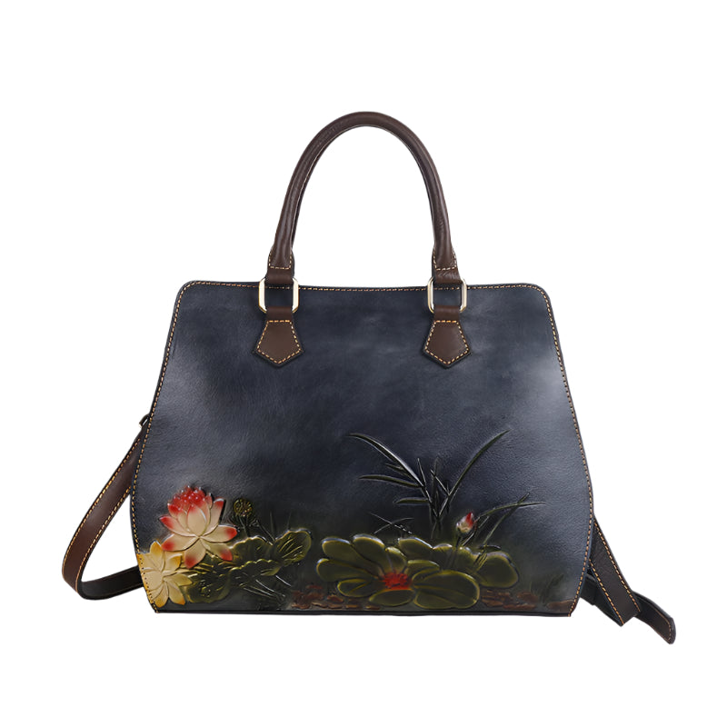 Cowhide Lotus Motif Handbag