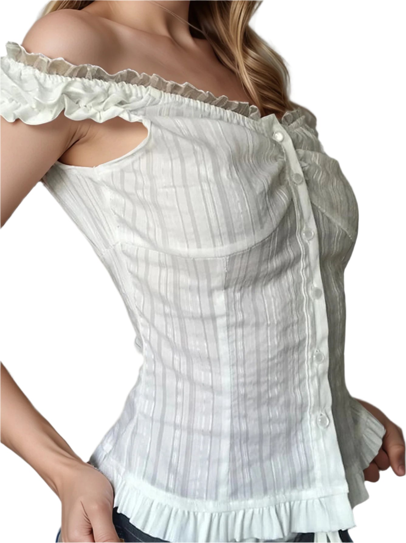 Devine Lace Detail Button Down Off-Shoulder Shirt