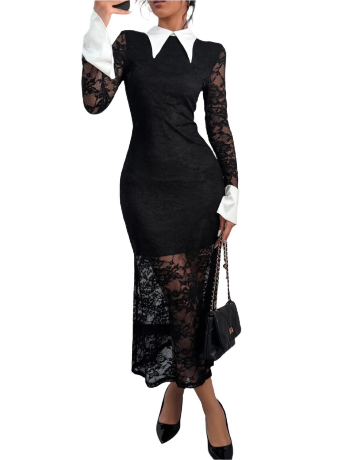 Perfee Lace Contrast Collared Neck Long Sleeve Midi Dress